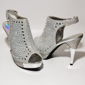 Hot Tomato Silver Embellished Platform Heels Sz 10 Adj Heel Strap Open Toe Y2K